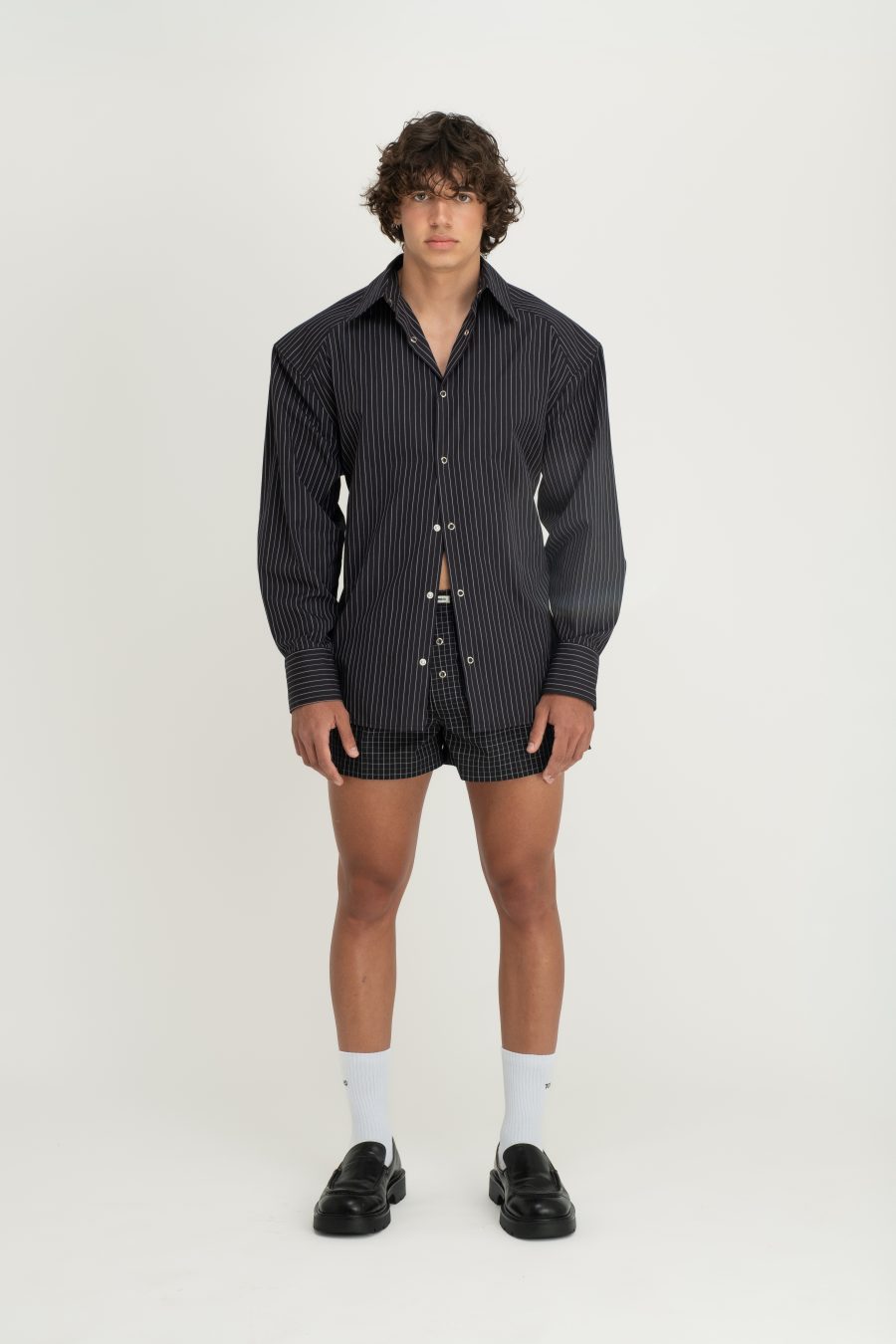 PINSTRIPE SHIRT WITH BACK BELT BLACK